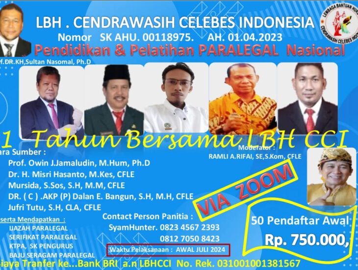 Setahun Bersama LBH CCI, Diklat Paralegal dapat Discount Spesial, Pendaftaran Ditutup 29 Juni 2024