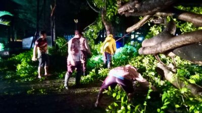Bhabinkamtibmas Polsek Polut Bantu Warga Bersihkan Pohon Tumbang di Jalan Poros Takalar